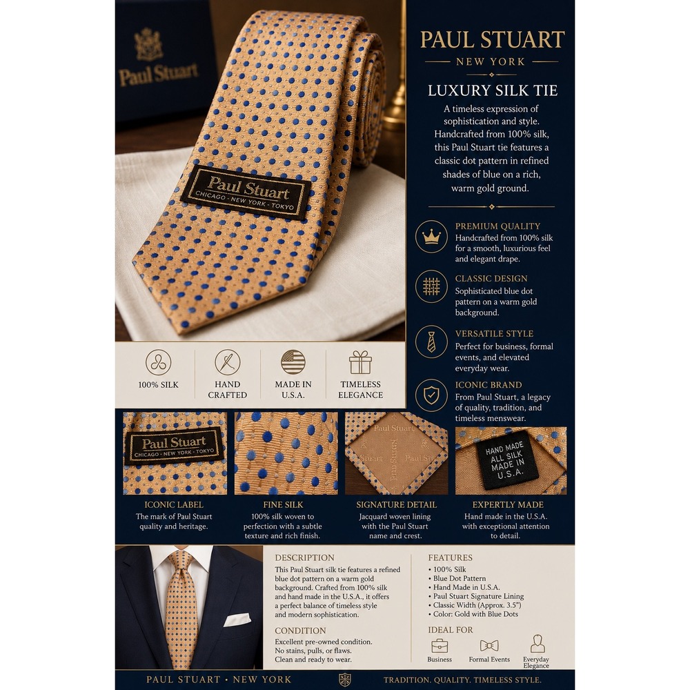Paul Stuart Mens Silk Tie Orange Blue Polka Dot Handmade USA Business Formal